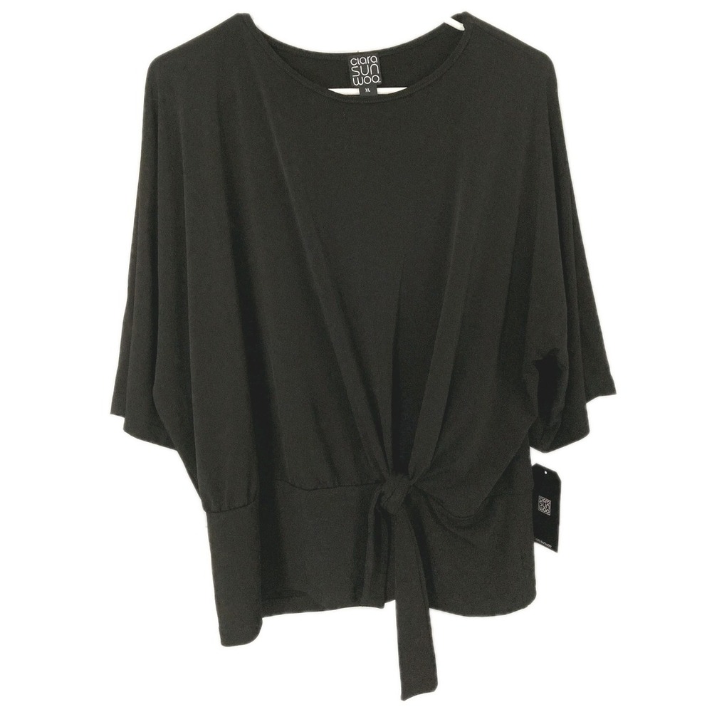 Clara Sunwoo Shirt Women XL Black Dolman 3/4 Sleeve Tie Front Top NWT Made USA